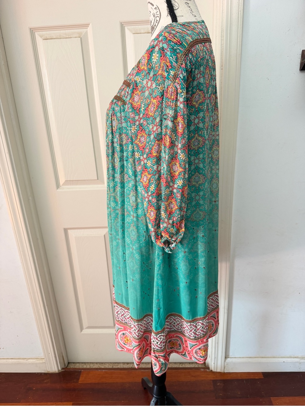 Boho Teal Print Tassel Peasant Dress - Picture 6 of 11